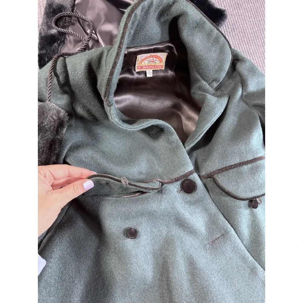 Vintage Precious Stones Girls Green Wool Overcoat‎ Faux Fur Trim Sz 6